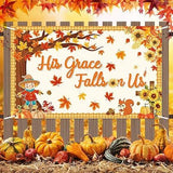 His Grace Falls On Us Autumn Backdrop with Pumpkins and Maple Leaves Decor