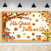 His Grace Falls On Us Autumn Backdrop with Pumpkins and Maple Leaves Decor