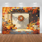 Autumn Pumpkin Harvest Backdrop with Rustic Barn Door for Thanksgiving Photos