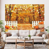 Autumn Forest Backdrop with Pumpkins and White Fence for Thanksgiving Photos
