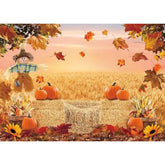 Autumn Pumpkin Harvest Backdrop with Hay and Maple Leaves for Thanksgiving Photos