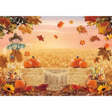 Autumn Pumpkin Harvest Backdrop with Hay and Maple Leaves for Thanksgiving Photos
