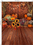 5x7ft Fall Thanksgiving Backdrop with Barn Wooden Floor Pumpkins and Leaves