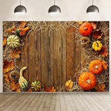 5x3ft Fall Thanksgiving Backdrop with Pumpkins Hay Leaves Rustic Wood Board