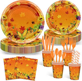 Fall Thanksgiving Tableware Set: 192 Pcs Plates, Napkins & Forks - Serves 24