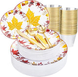 Thanksgiving Plates Dinnerware: 150 Pcs Plastic Plates & Gold Silverware Set