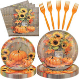 Thanksgiving Tableware Set: 96 Pcs Rustic Pumpkin & Sunflower Dinnerware - Serves 24