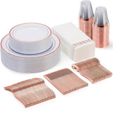 Rose Gold Dinnerware Set: 175 Pcs Plates, Napkins, Cups & Cutlery - Serves 25