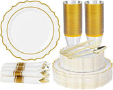 350-Pc White Gold Plastic Dinnerware Set: Plates, Cups, Napkins & Cutlery - 50 Guests