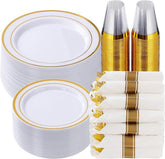350-Pc Gold Plastic Dinnerware Set: Plates, Napkins, Cutlery & Cups - Serves 50