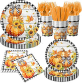 Fall Thanksgiving Tableware Set: 144 Pcs Buffalo Plaid Plates, Napkins & Cutlery