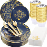 Thanksgiving Plastic Plates Set: 175 Pcs Blue Gold Dinnerware & Cutlery - Serves 25