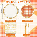 Thanksgiving Party Supplies Set 24 Pack Fall Gingham Disposable Plates Napkins and Cutlery