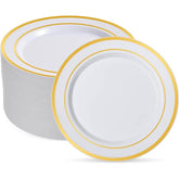 Gold Rim Plastic Plates, 100 Pcs: Heavy Duty Disposable Dinnerware