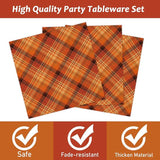 Orange Plaid Thanksgiving Party Set: Disposable Plates, Napkins, Forks - 24 Guests