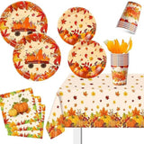 Thanksgiving Party Supplies Set 113 Pcs Plates Napkins Cups and Tablecloth for 16 Guests