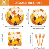 96PCS Fall Thanksgiving Party Set with Pumpkin Plates, Maple Napkins & Tableware for 24