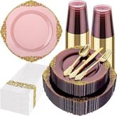 175PCS Burgundy and Gold Disposable Plates Set with Cups, Napkins & Cutlery for 25 Guests