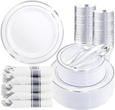 350PCS Silver Disposable Dinnerware Set for 50 Guests with Plates, Napkins & Cutlery