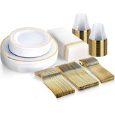 175PCS Gold Disposable Dinnerware Set for 25 Guests with Plates, Cups, Napkins & Silverware