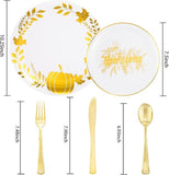 125PCS Thanksgiving Disposable Plates Set with White & Gold Plates, Cutlery for Fall Party