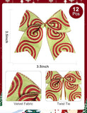 12pcs Red Green Stripe Christmas Tree Bows for Wreaths and Party Decorations