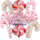 9 PCS Christmas Balloons Set Pink Candy Cane Tree Pinwheel Foil Balloons Decor