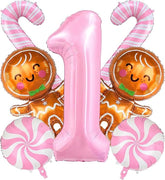 40-Inch Pink Number 1 and Gingerbread Foil Balloons Set for Christmas Birthday Decor