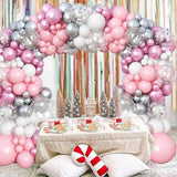 Pink White Snowflake Balloon Arch with Silver and Clear Balloons for Winter Birthday Party