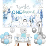 Winter Onederland 1st Birthday Decorations with Polar Animals Blue Silver Balloons and Banner