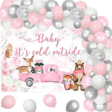 Winter Woodland Baby Shower Decorations with Pink White Silver Balloon Arch and Forest Theme