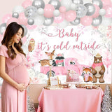 Winter Woodland Baby Shower Decorations with Pink White Silver Balloon Arch and Forest Theme