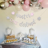 Winter Onederland Banner Pink Silver Snowflake Decoration for Winter Wonderland Party