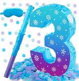 Snowflake Number 3 Pinata with Stick, Blindfold, and Confetti for Winter Birthday Party