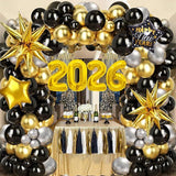 New Year 2026 Balloon Garland Kit with Black Gold Silver Balloons for Nye Decor