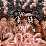 New Year 2026 Balloon Arch Kit Rose Gold Black Balloons with Number Foil Decor
