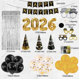 New Year 2026 Party Supplies 50 Pc Decorations Kit Banner Hats Balloons and More