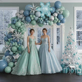 Winter Wonderland Balloon Arch Kit with Dusty Blue Green Silver Balloons and Snowflakes