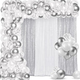 137PCS White Silver Balloon Arch Kit with Sequin Backdrop for Winter Party Decorations