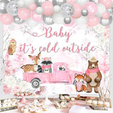 Winter Woodland Baby Shower Decorations with Pink White Silver Balloon Arch and Forest Theme