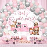 Winter Woodland Baby Shower Decorations with Pink White Silver Balloon Arch and Forest Theme