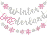 Winter Onederland Banner with Pink Silver Glitter Snowflakes for Girl's 1st Birthday