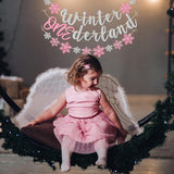 Winter Onederland Banner with Pink Silver Glitter Snowflakes for Girl's 1st Birthday