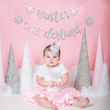 Winter Onederland Banner Pink Silver Snowflake Decoration for Winter Wonderland Party