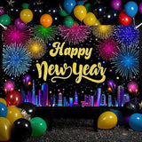 2026 Happy New Year Banner Multicolor Fireworks Cityscape Backdrop for NYE Party