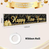 Happy New Year Yard Sign Banner 20x120 Inch Black and Gold Outdoor Decor 2026