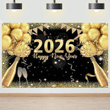 New Years Eve Party Backdrop 2026 Black and Gold Balloon Banner 70x43 Inch