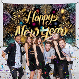 2026 Happy New Year Backdrop Banner Firework Pattern NYE Party Wall Decor