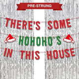 Red Green Christmas Party Decor with Funny HoHoHo Banner & Silver Fringe Backdrop