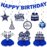 11 PCS Blue & Silver Happy Birthday Party Decorations Kit Centerpieces Banner and Table Toppers